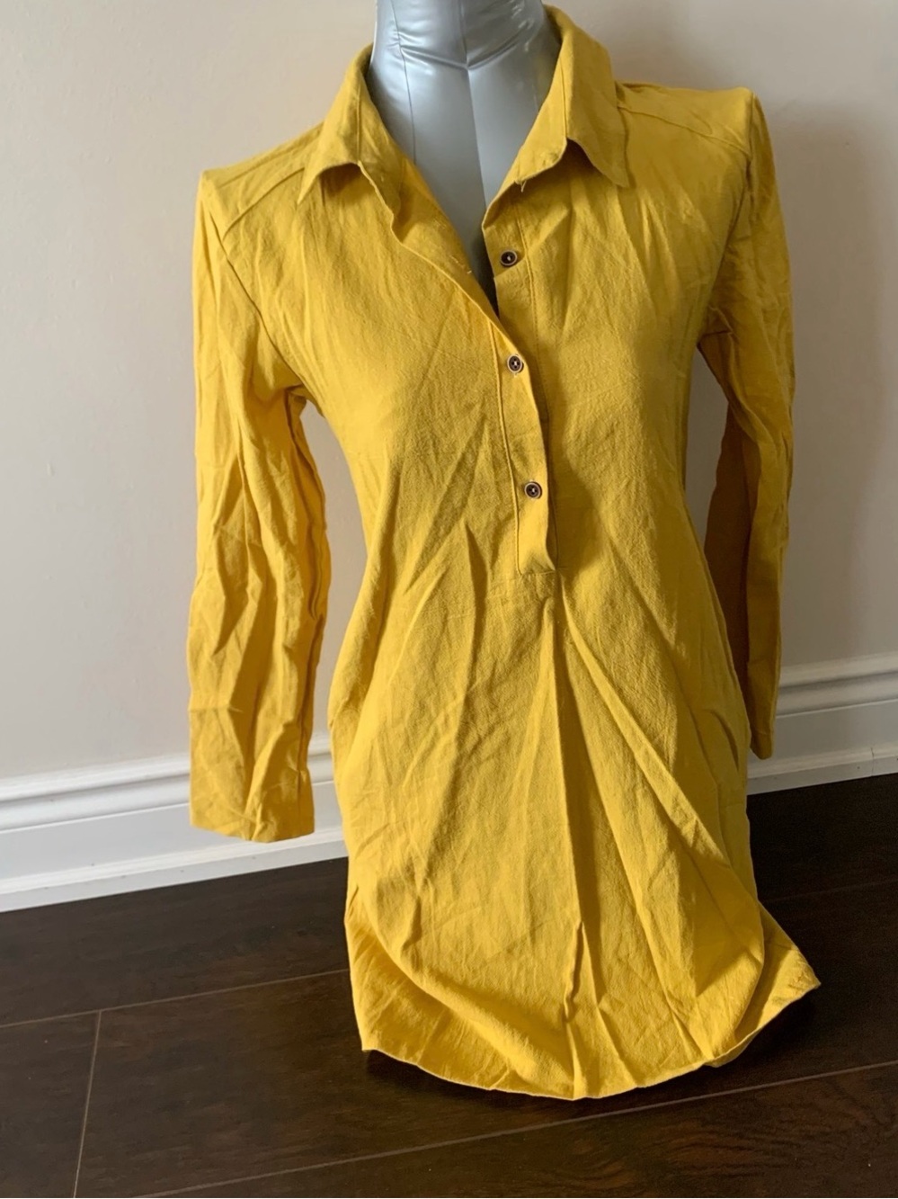 Women’s Long Sleeve Collared Tunic Dress in Mustard Yellow